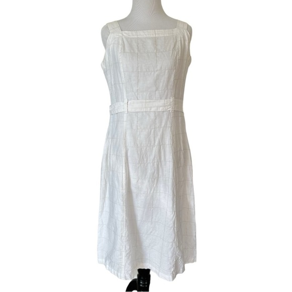Liz Claiborne Summer White Plaid Metallic Gold Linen Blend Belted Dress Size 4 - Picture 2 of 13